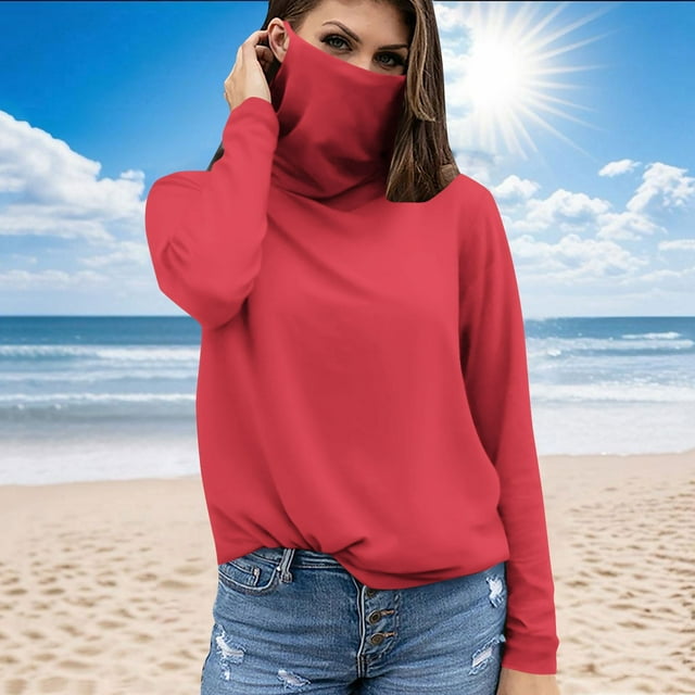 Ovbmpzd Hauts Tendance Rouges pour Femmes 2025 Manches Longues Protection Solaire Respirant T-Shirts Unis Chemises pour Femmes m