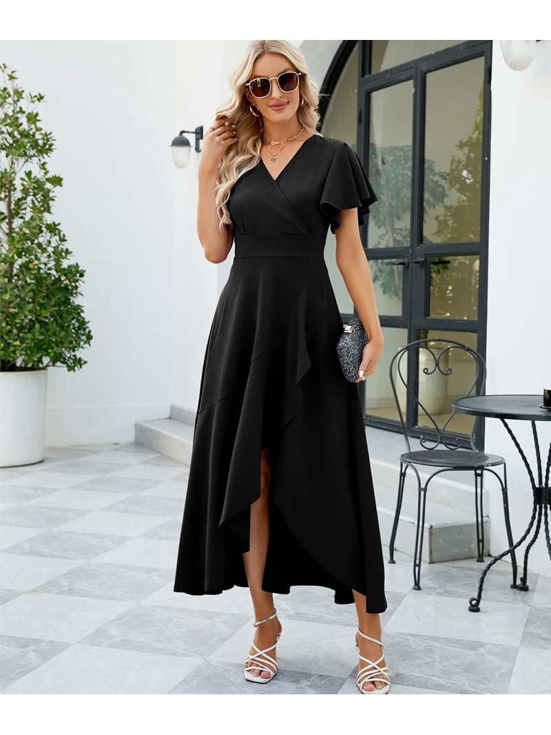 ZANKLEY Women's Elegant V Neck Ruffle Sleeve Maxi Dress Solid Color Flowy Formal Cocktail Party Wedding Guest Work Dresses, Size: XL ZANKLEY Women's Elegant V Neck Ruffle Sleeve Maxi Dress Solid Color Flowy Formal Cocktail Party Wedding Guest Work Dresses, Size: XL