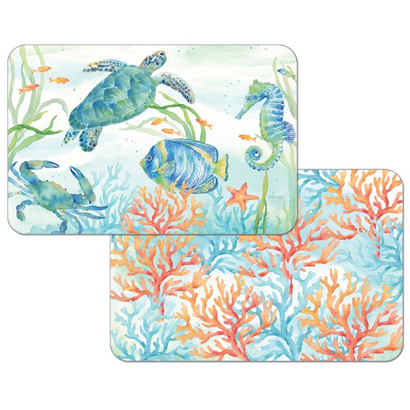 Wipe-Clean Reversible Decofoam Placemats, Sea Life Serenade, Set of 2, Made in The USA