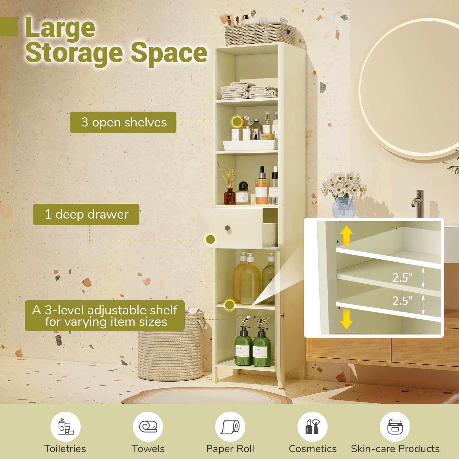 Costway 67” Tall Bathroom Cabinet with 3 Open Shelves, 1 Drawer, Adjustable Interior Shelf Off-white
