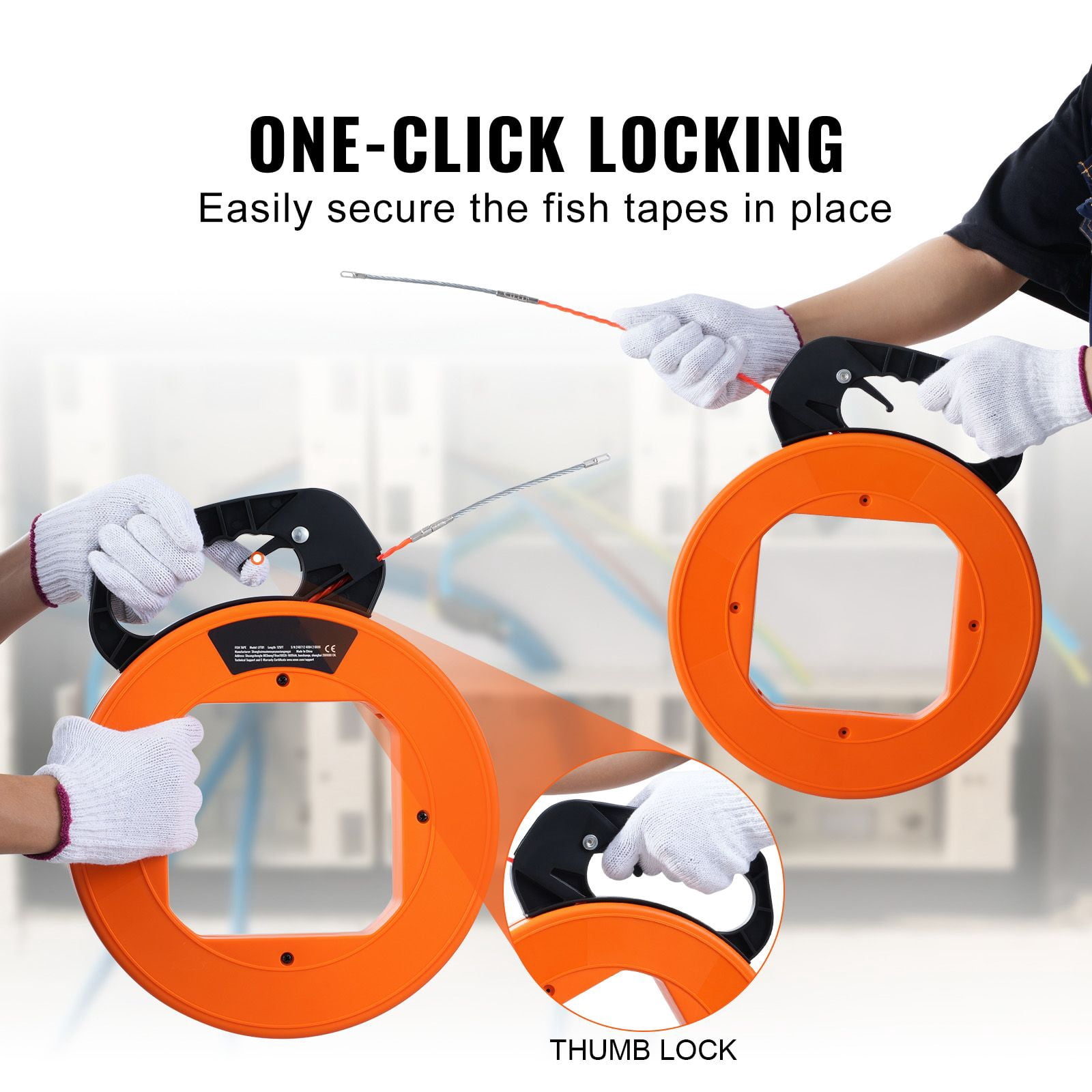 Non-Conductive Fish Tape 100ft 1/4 Inch PET Guide Wire with Thumb Lock for Electrical Cable Pulling