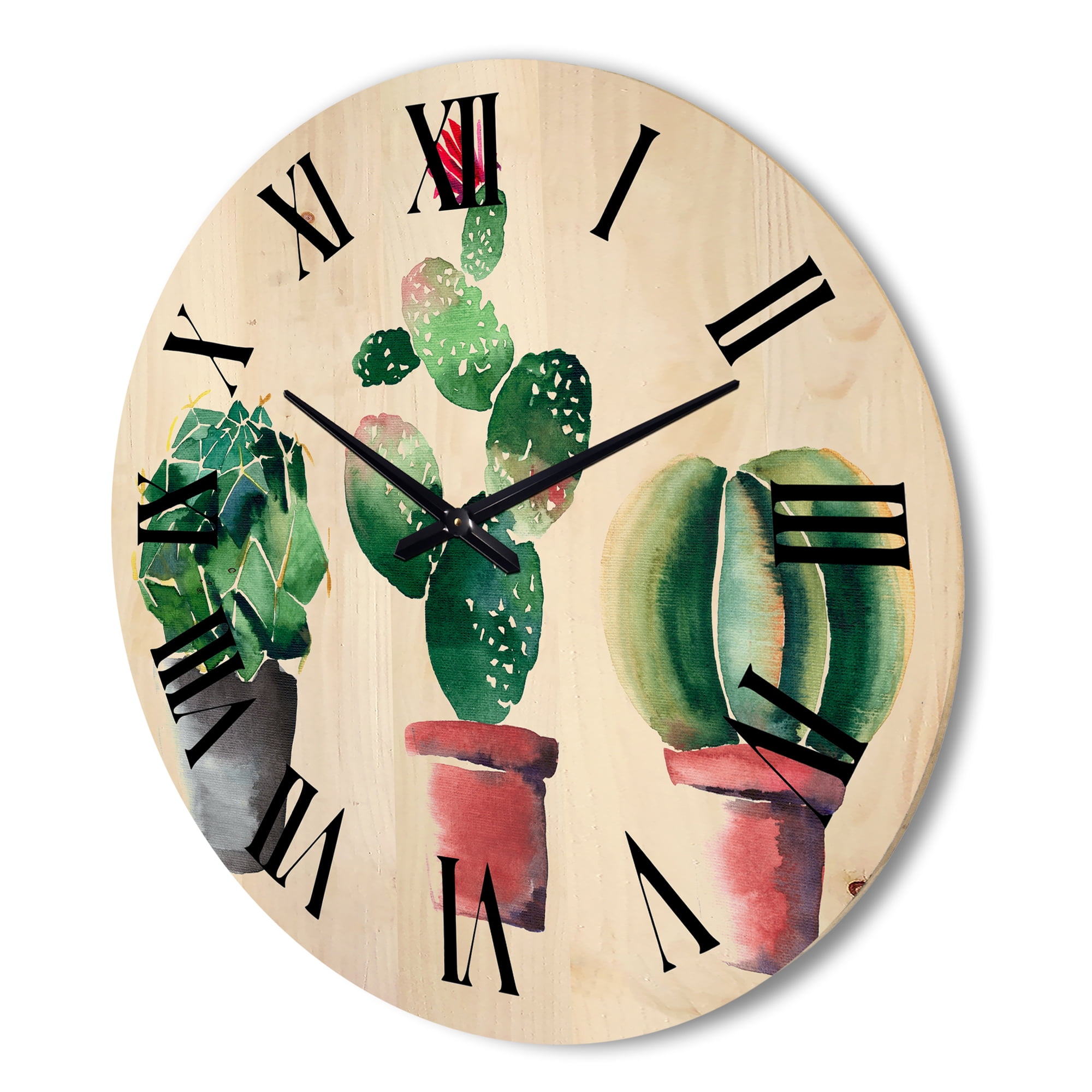 Designart 'Three Cacti In Clay Pots On White' Traditional Wood Wall Clock