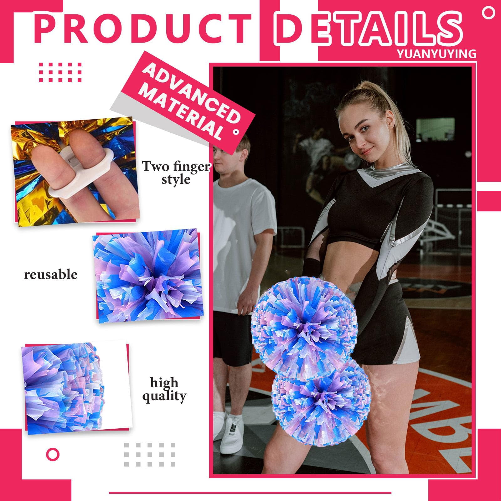 Pom Poms Cheer 8 Pieces, Cheerleading Pompoms Handheld Squad Set for Sports Team, Party, Festival, Adults Kids, Easy Fluff Design
