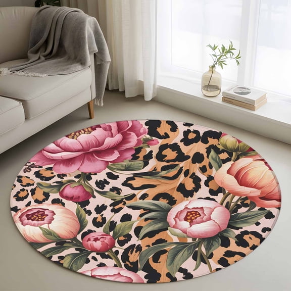 Pink Flowers Round Area Rug 4Ft Washable Circle Rugs for Bedroom Dining Room, Leopard Spot Vintage Floral Country Plants Non-Slip Carpet Floor Mats Indoor Outdoor Carpet Runner Aesthetic Home Decor