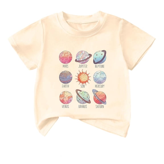 WEIGFI Toddler Baby Boys T-Shirts Planet Graphic Print Long Sleeve Casual Solar System Crew Neck Cute Beach Top,Beige,2-3 Years