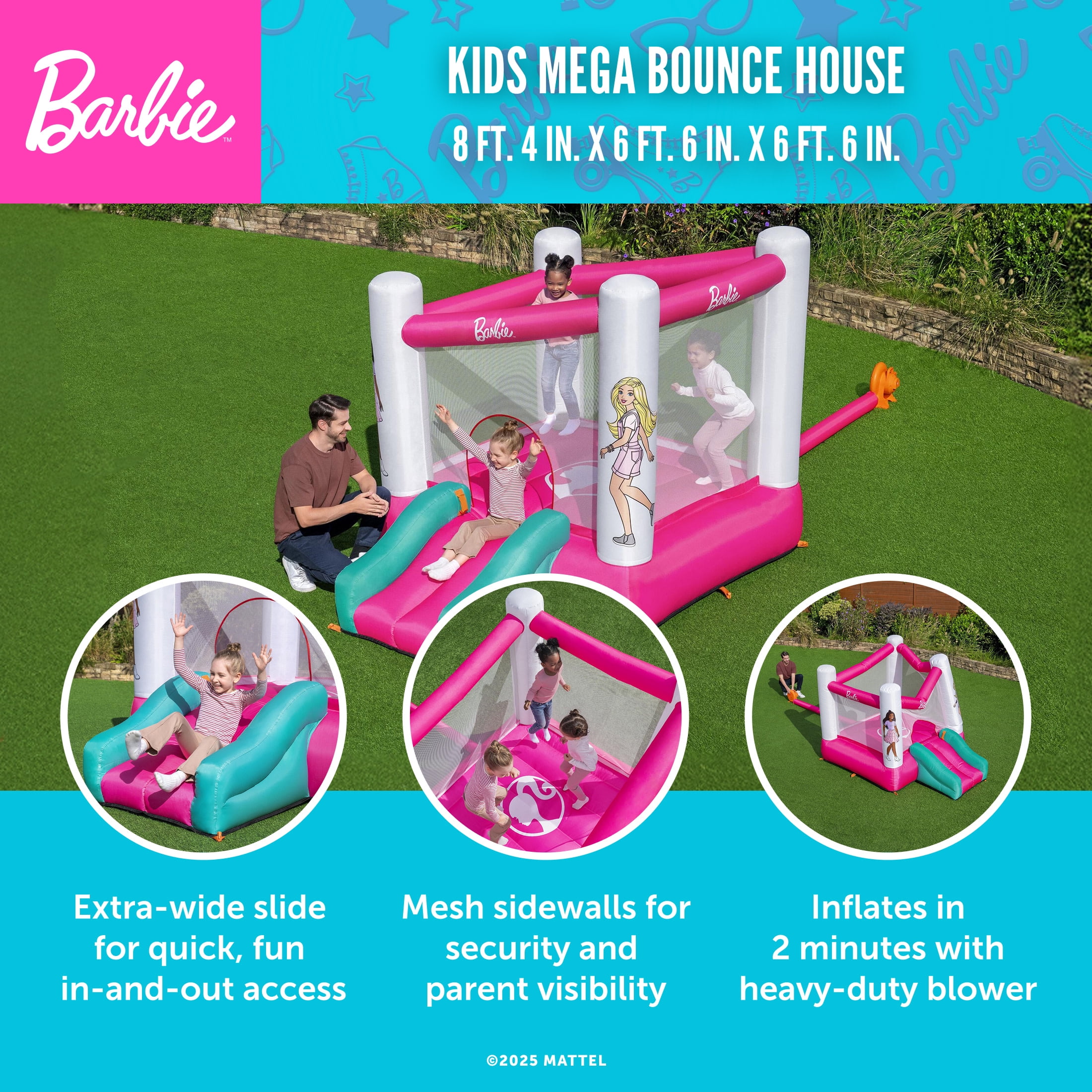 Barbie Bounce House with Extra-Wide Slide, Mesh Walls and Blower, Indoor/Outdoor, Ages 3+
