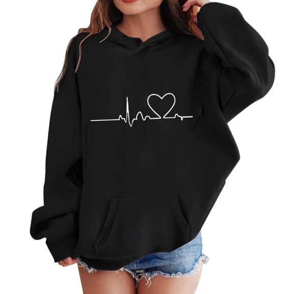 Bnwani Hoodies Girls Crew Neck Long Sleeve Pockets Short Sweatshirt Hearts Graphic Printed Tops Pullover