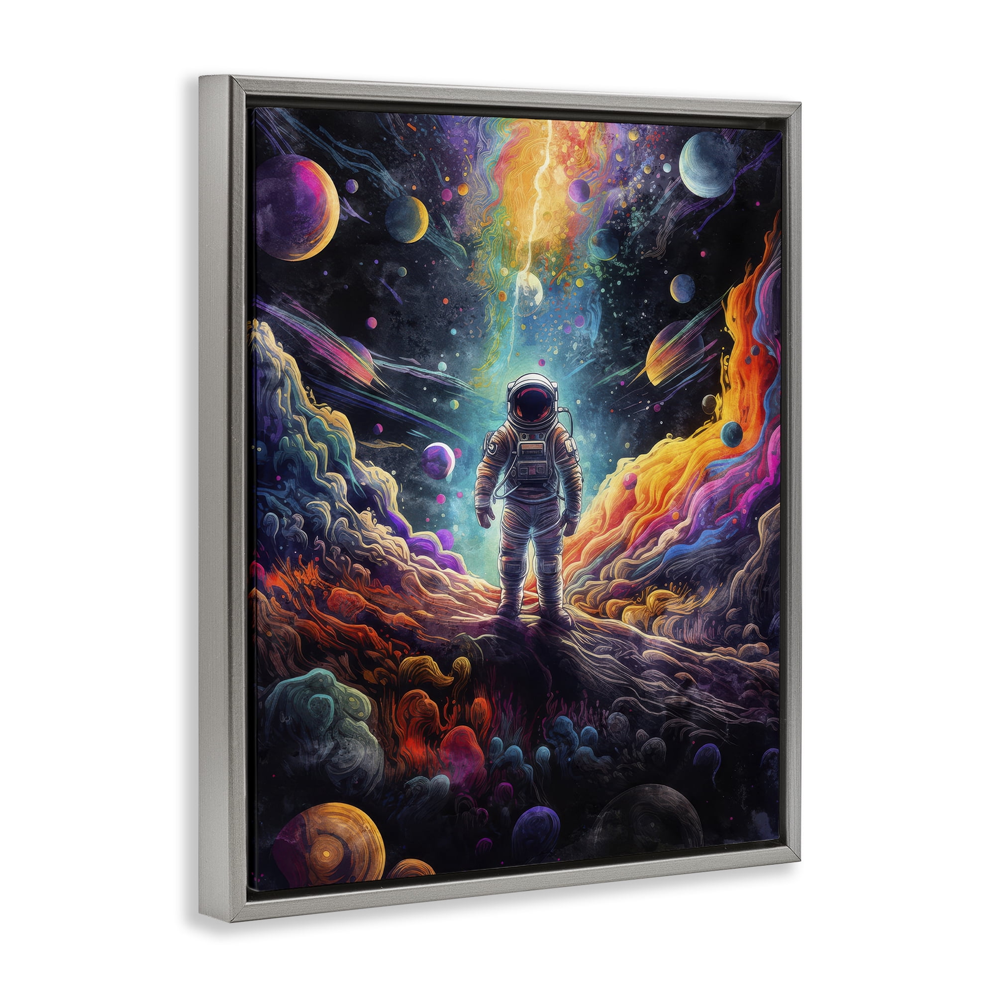 Stupell Industries Astronaut on Planet Terrain Astrology & Stars Painting Gray Floater Framed Canvas Art Print Wall Art, 25 x 31