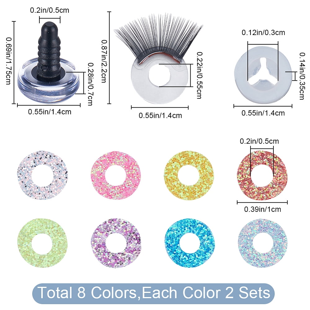 16 Sets 8 Colors Glitter Plastic Eye with Eyelashes Eye Make Up Accessories for DIY Craft Making Mixed Color 22x14mm 2 sets/color