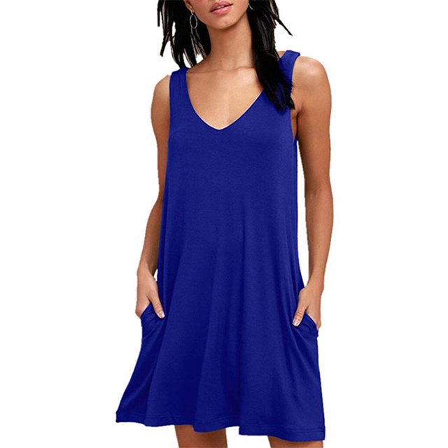 Robe d'Été Col en V Couleur Unie T-Shirt Robe Décontractée Ample Plage Robe Débardeur, Bleu, m