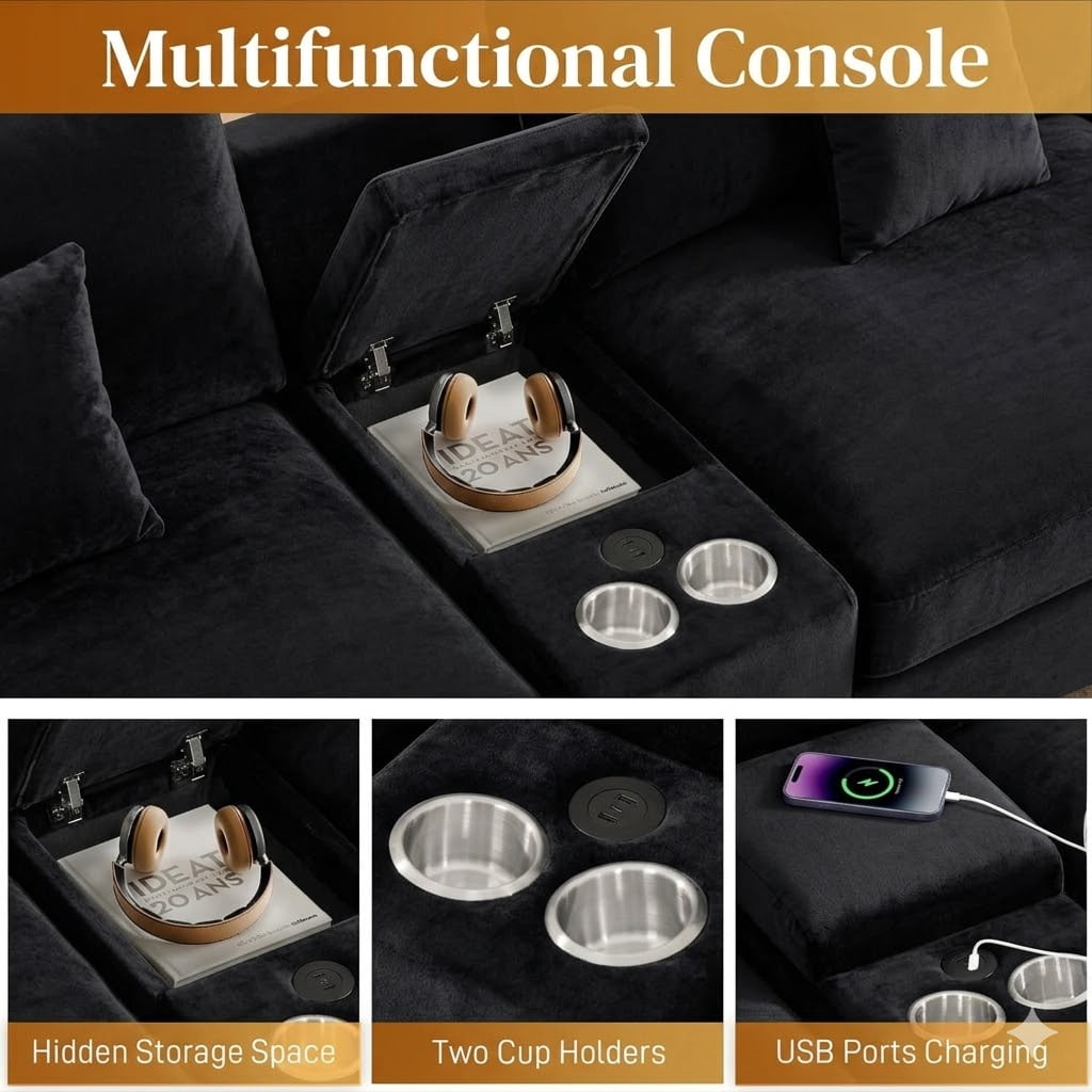 145" U Shaped Cloud Couch Sectional Sofa, Modular Chenille Sectional with Double Chaise, USB Charging, Hidden Storage & Center Console, Deep Seat Comfy Couch for Living Room, Black
