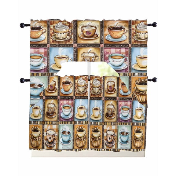 Coffee Check Plaid Kitchen Curtains Swag Valance and Tier Curtains Set 36 Inch Length, Brown Watercolor Farmhouse Rod Pocket Drape Panels Pair Swag Curtain for Bathroom/Cafe/Window