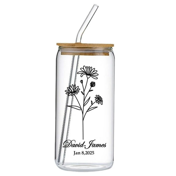 Personalized 16 Oz Birth Flower Glass Tumbler with Lid - Custom Name Engraved Cup for Women's Gifts, Bridesmaid Proposals, Anniversary Presents & Special Occasion Celebrations