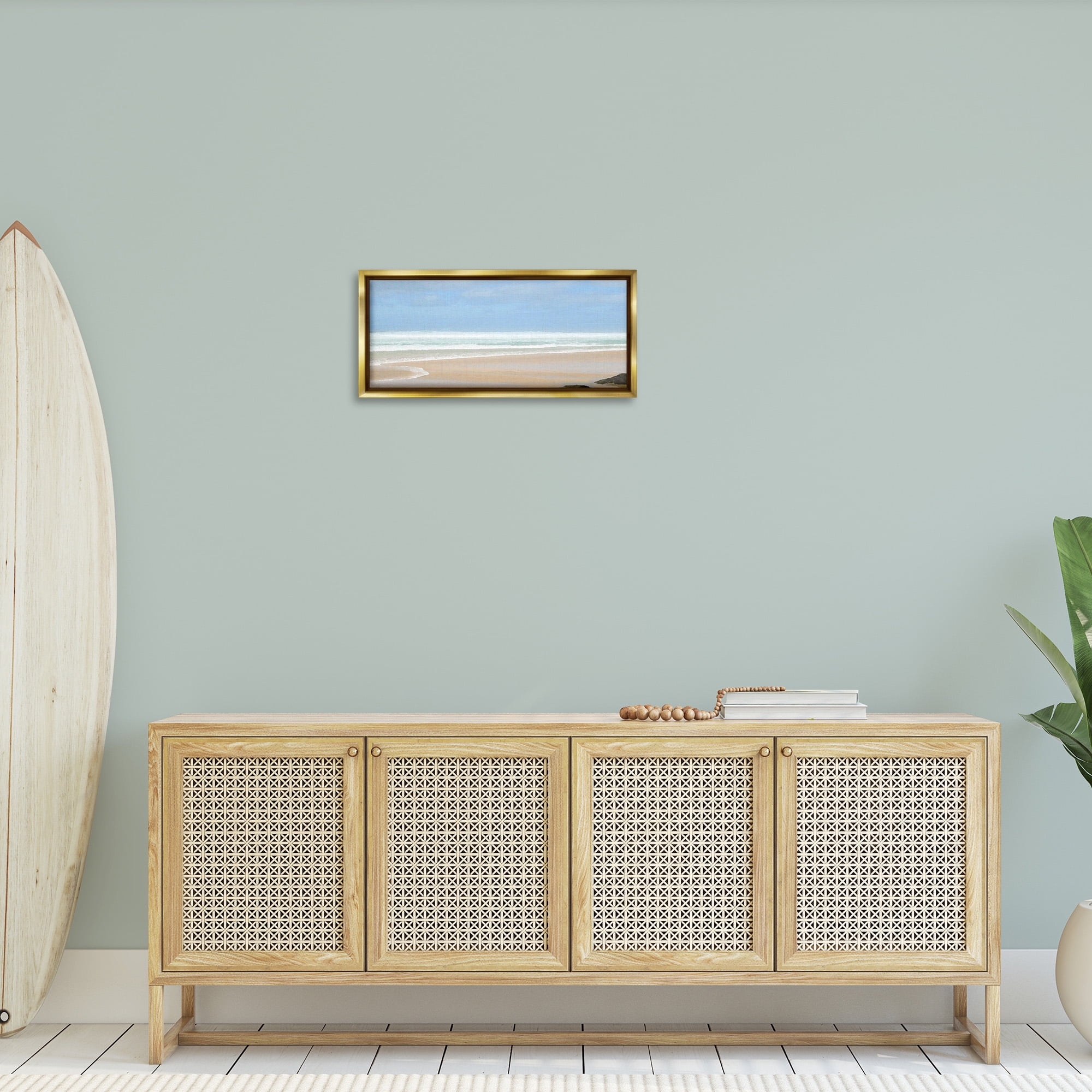 Stupell Industries Panoramic Abstract Shoreline Landscape Painting Gold Floater Framed Canvas Art Print Wall Art, 25 x 11