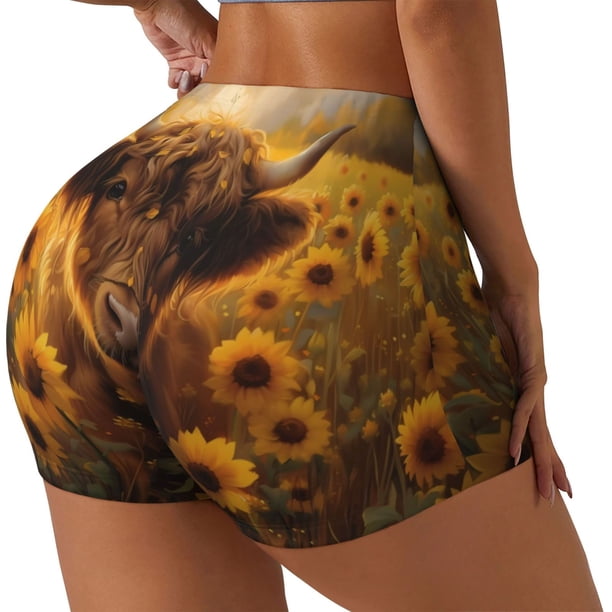 Balery Cute Cow Sunflower Field Pantalones cortos de entrenamiento estampados para mujer, sin costuras, ajustados, para gimnasio, yoga, correr, deportes, ejercicio activo, fitness.-XX-Large