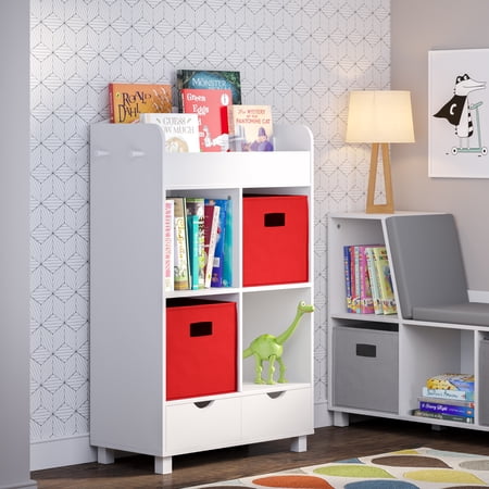 RiverRidge Home Book Nook Kids 1-Shelf 4-Cubby 2-Drawer Storage Cabinet with Bookrack -2pc Red Bin Set