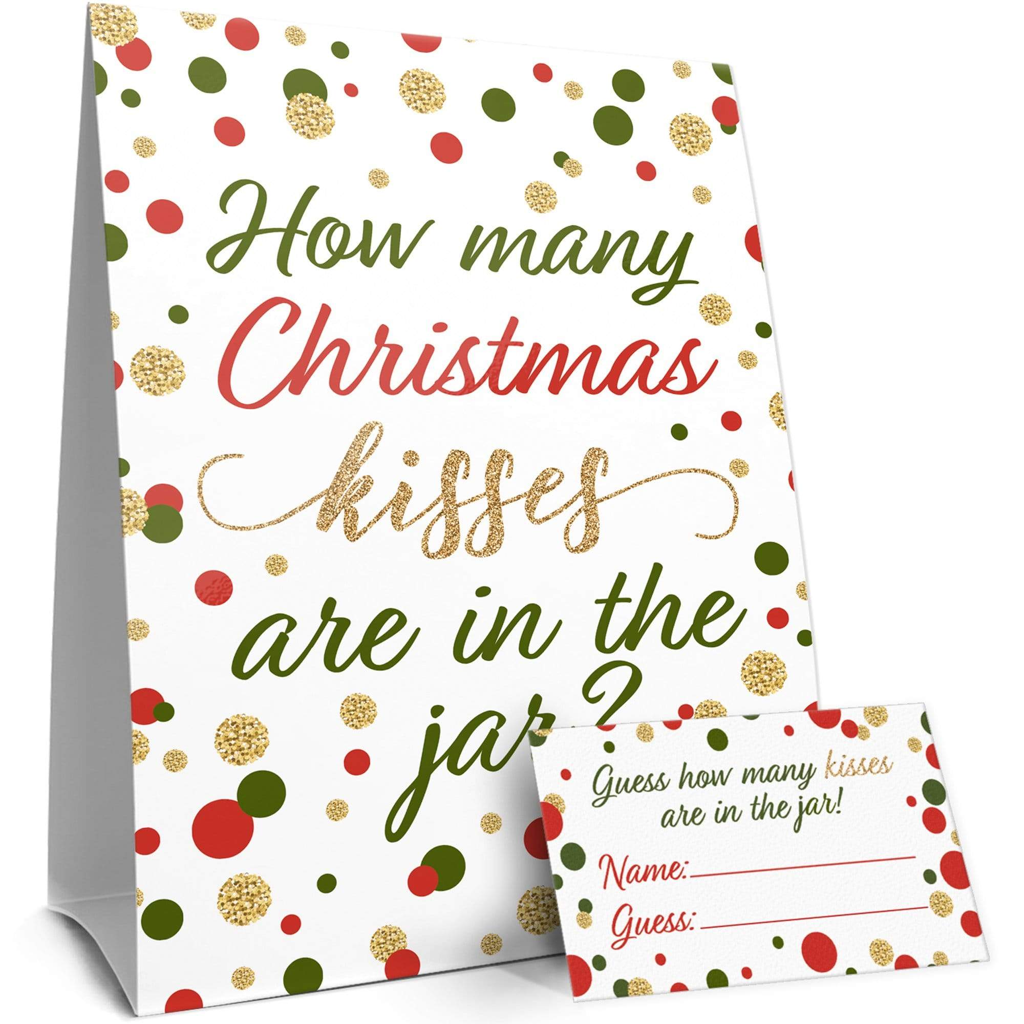 Christmas How Many Kisses are in the Jar Party Game - Red, Green and Gold Dots Theme 