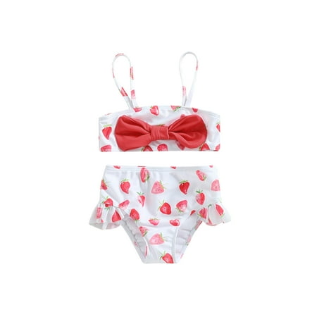 

Kids Girls 2 Pcs Swimsuits Strawberry Print Bikini Bathing Suit Sleeveless Bow Sling Tank Tops with Shorts Split Swimwear Set