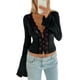 thumbnail image 1 of Top corto Miqil para mujer, encaje Y2K, manga larga, cuello en V, floral, 1 of 5