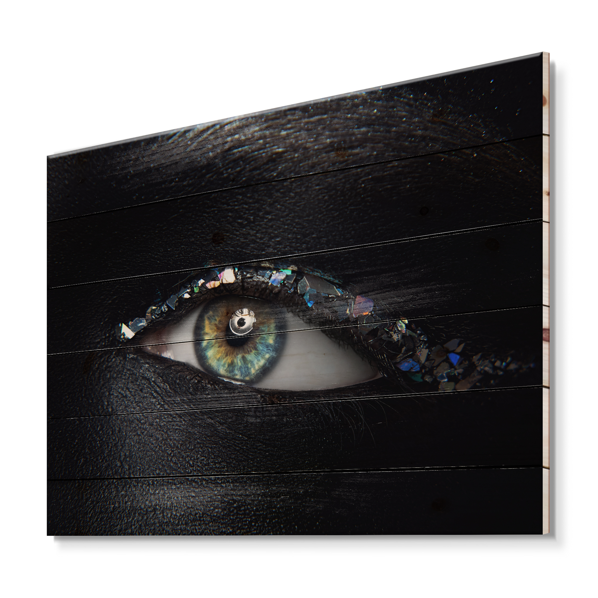 Designart 'Girl Eyes With Multi-Colored Glass Sparkles' Modern Print on Natural Pine Wood