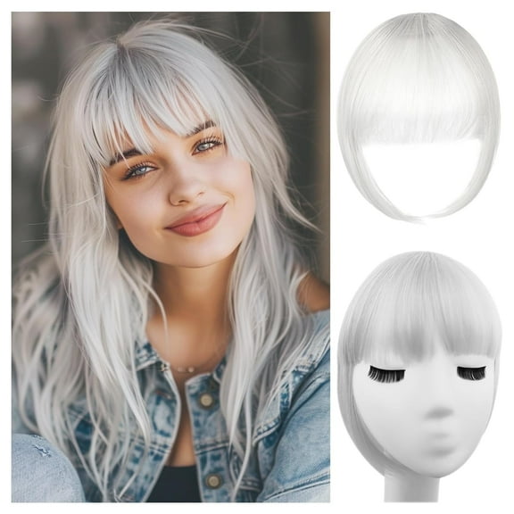 Silver Gray Clip on Bangs - 100% Human Hair Extensions, French Style Fake Bangs for Women, Thick Faux Bangs for Daily Wear