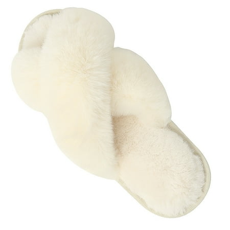

YJ.GWL Women Fuzzy Slippers Plush Cross Band Open Toe House Thick Sole Slippers