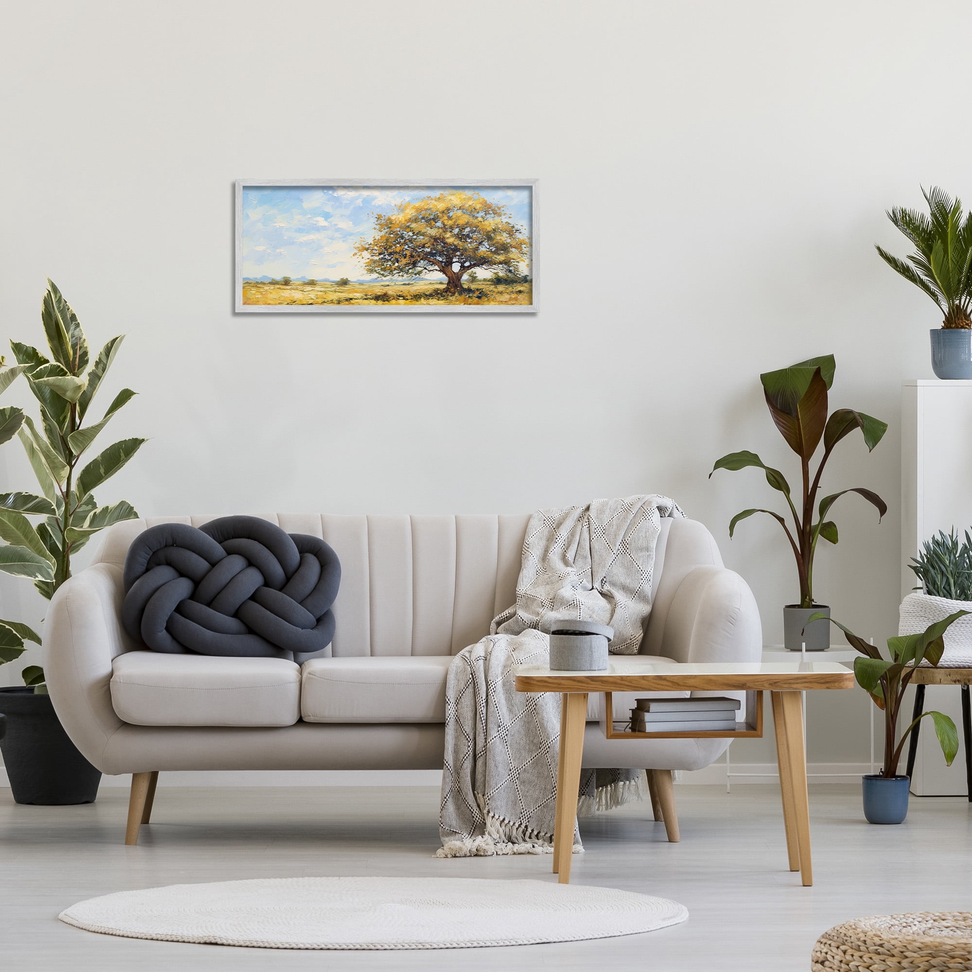 Stupell Industries Sycamore Tree in Field Landscape Painting Gray Framed Art Print Wall Art, 30 x 13
