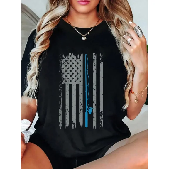 Patriotic Fishing American Flag T-Shirt Distressed Angler Graphic Tee for Men and Women