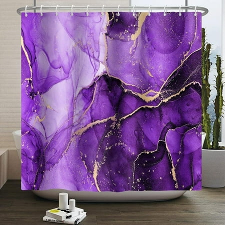 GusseaK Marble Shower Curtain Purple and Golden Marble Crack Bathtub Curtains