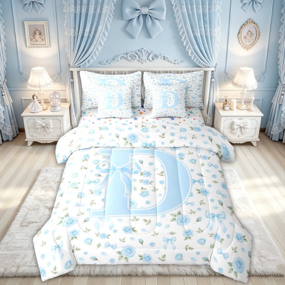Feelyou Blue Flower Initial D Twin Bedding for Kids Girls, Sweet Rose Bow Monogram Bedding Comforter Set, Colorful Star Reversible, 7 Pieces