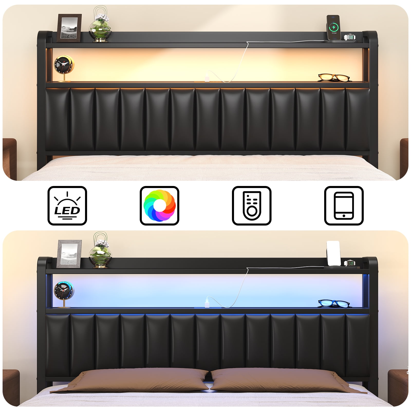 Full Size Bed Frame with LED Headboard, Metal Platform Bed with Storage Drawer, No Box Spring Needed