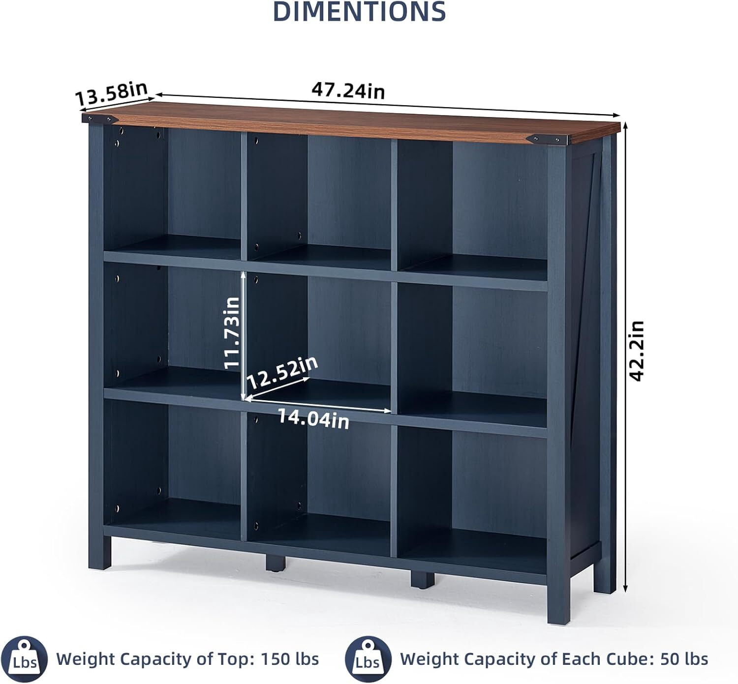 Joaxswe 3-tier Bookshelf, 42.2 in Tall Bookshelf with 9 Open Display Shelves, Large Bookcase for Office Living Room, Blue