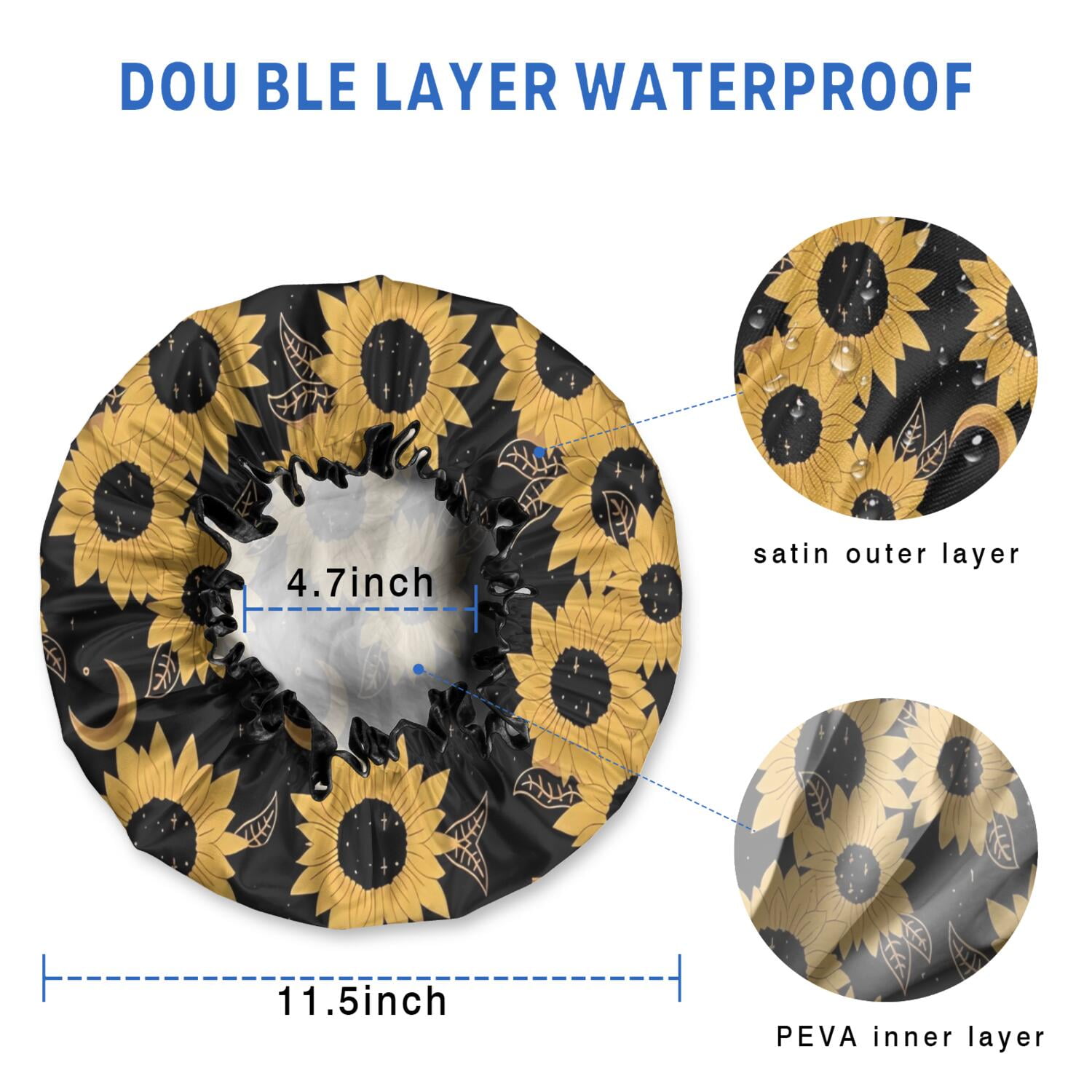 Shower Caps,Black Moon Sunflower Pattern Waterproof Shower Cap for Women 4 Pieces,Double Reusable Hair Cover for Shower PEVA Elastic Stretch Hem