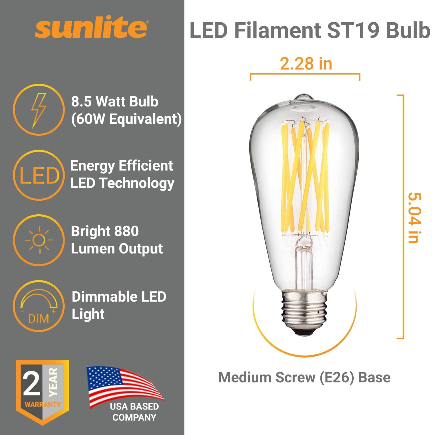 Sunlite LED ST19 Filament Style Edison Light Bulb, 8.5 Watts (60W Equivalent), Medium Base (E26), Dimmable, Clear, UL Listed, 2200K Amber, 6-Pack