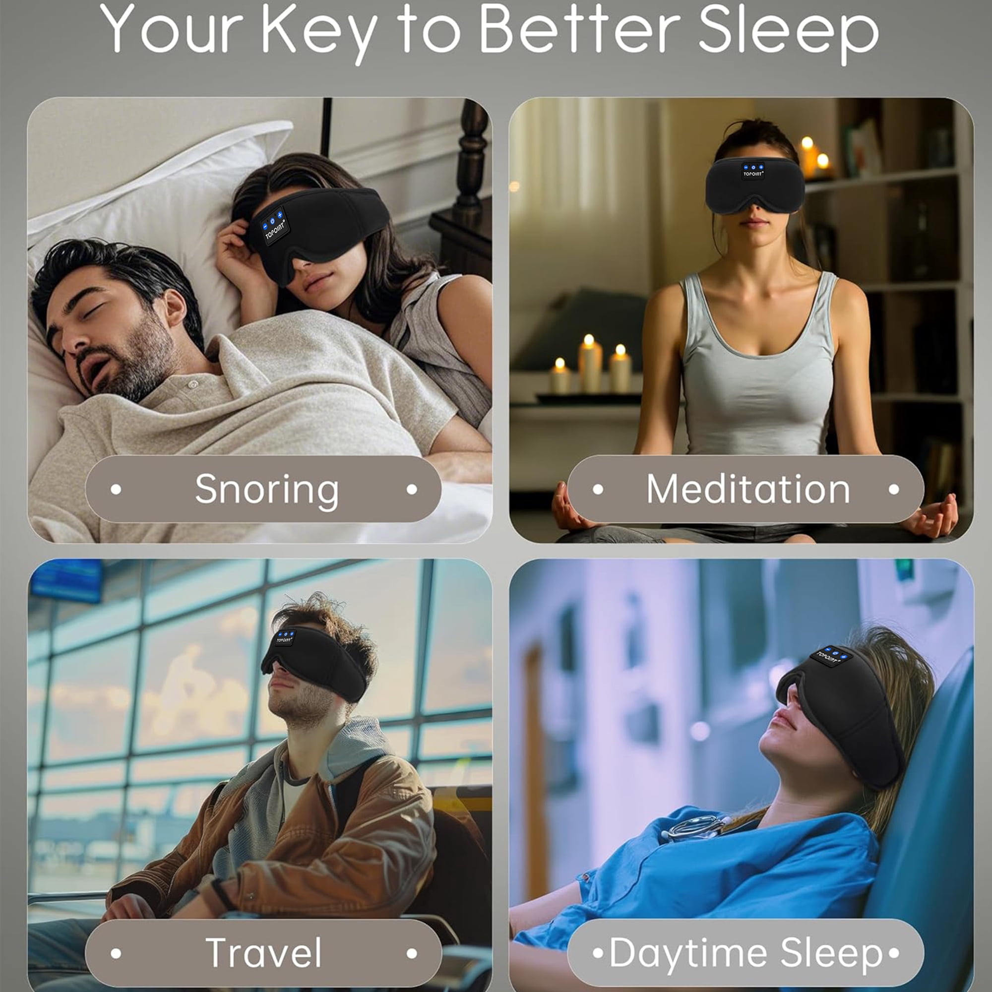Sleep Mask, Bluetooth Sleep Headphones, TOPOINT 3D Eye Mask Blackout with Soft Bamboo Cotton, HD Speaker Microphone, Sleep Headphones Earphones for Side Sleepers Women Men, Travel Meditation