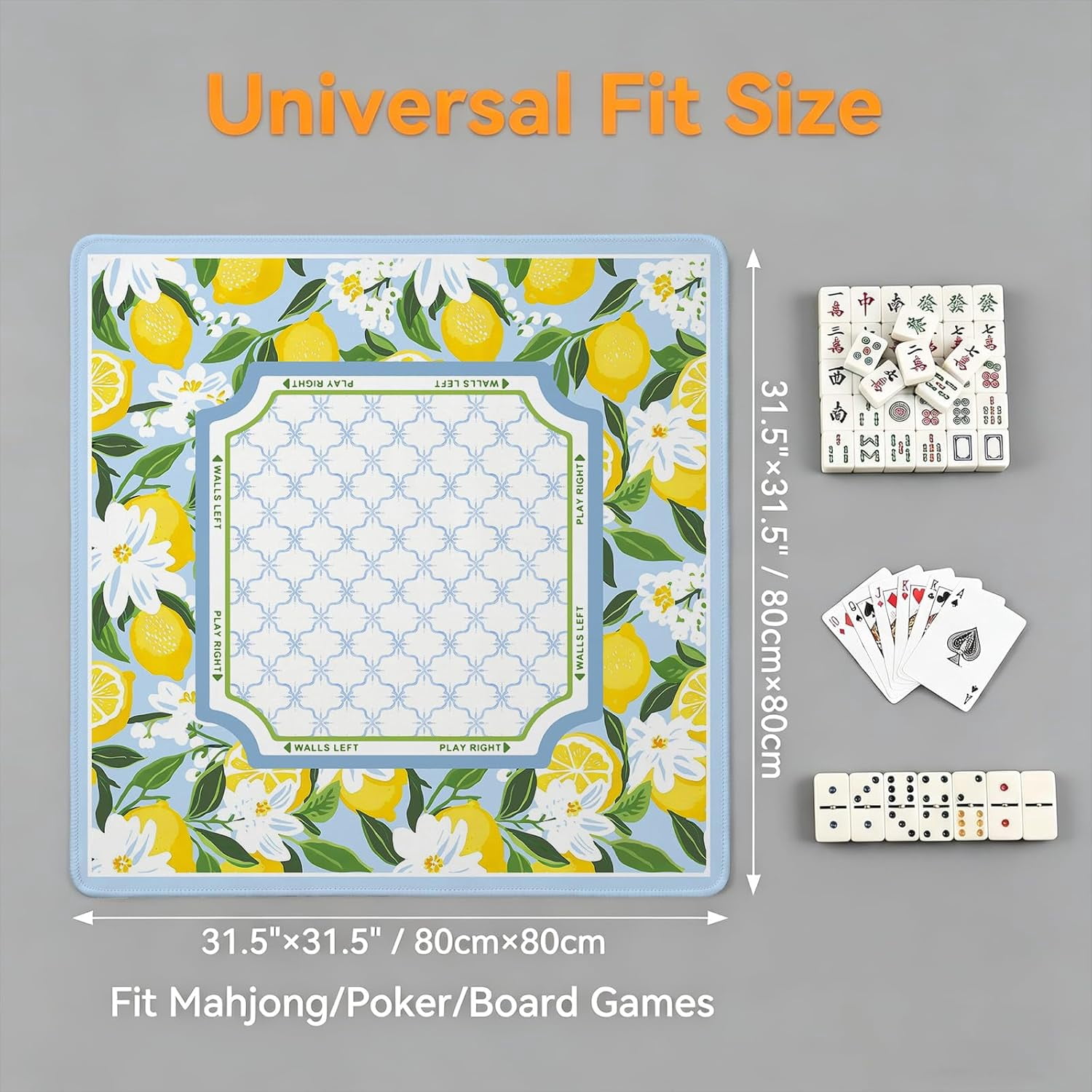 Cztulip Blue Lemon Floral Mahjong Mat,Summer Italian Lemon Anti-SlipNoise-Reducing Mahjong Mat,Cottagecore Botanical Garden Mahjong Mat for Table Board,Games Tile Game,Poker and Cards,31.5x31.5Inch