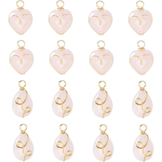 16Pcs 2 Styles Natural Rose Quartz Pendant Heart Teardrop Quartz Charm Wire Wrapped Pendant Facted