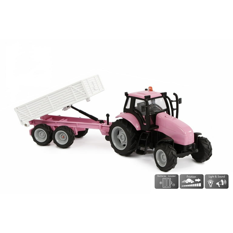 Kids Globe 1 32 scale Pink tractor with trailer diecast with light and sound