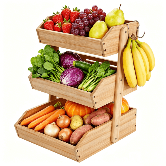 iFaveorr 3 Tier Large Bamboo Fruit Basket for Kitchen Counter with 2 Banana Holders, Kitchen Countertop Organizer, Tiered Fruit Bowl for Bread Snack Veggies