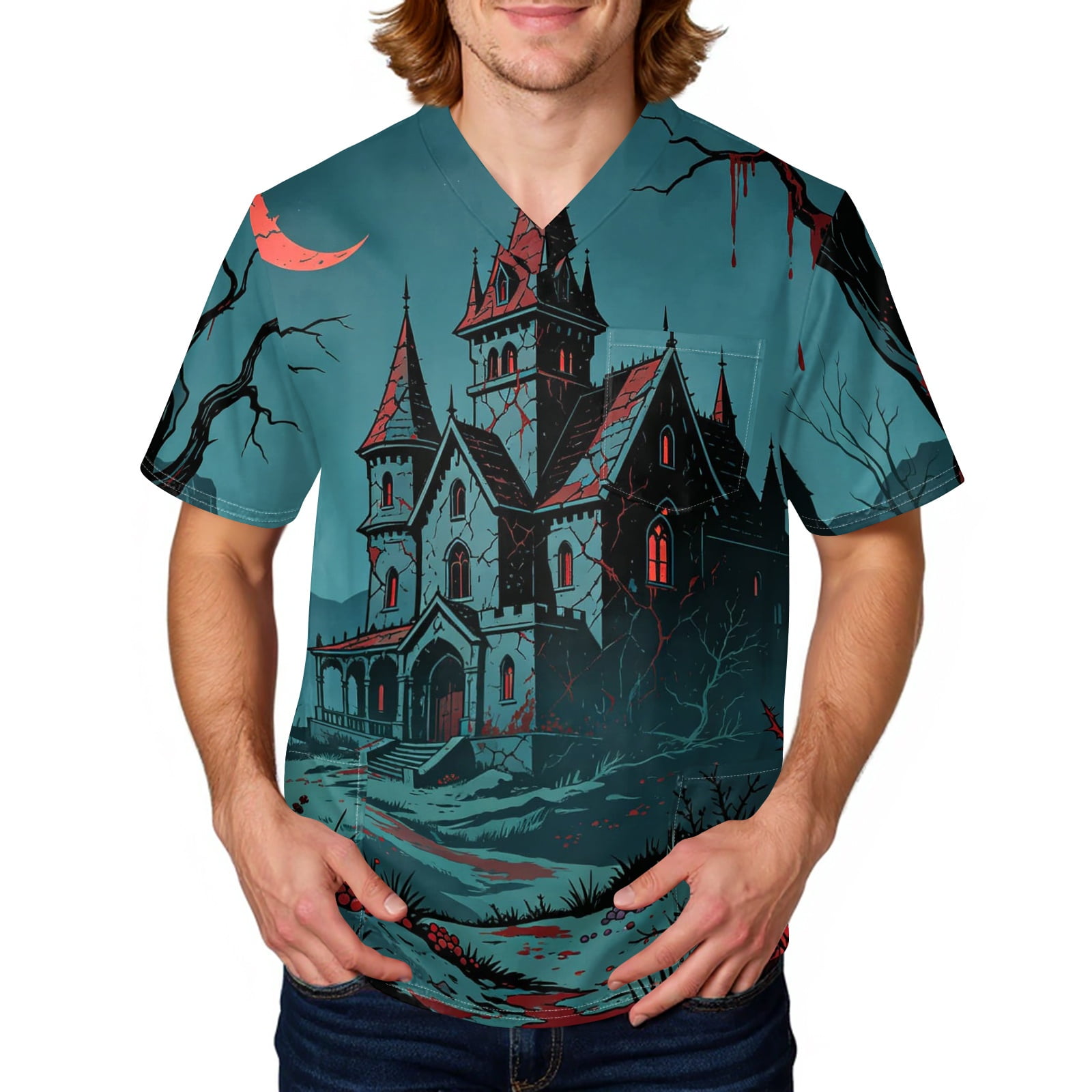 Domuza Halloween Scrub Tops Men Novelty Spooky Graphics V-Neck Short Sleeve Carer Uniform Shirts Comfy Soft Relaxed Fit Medical Scrub Tops 5XL