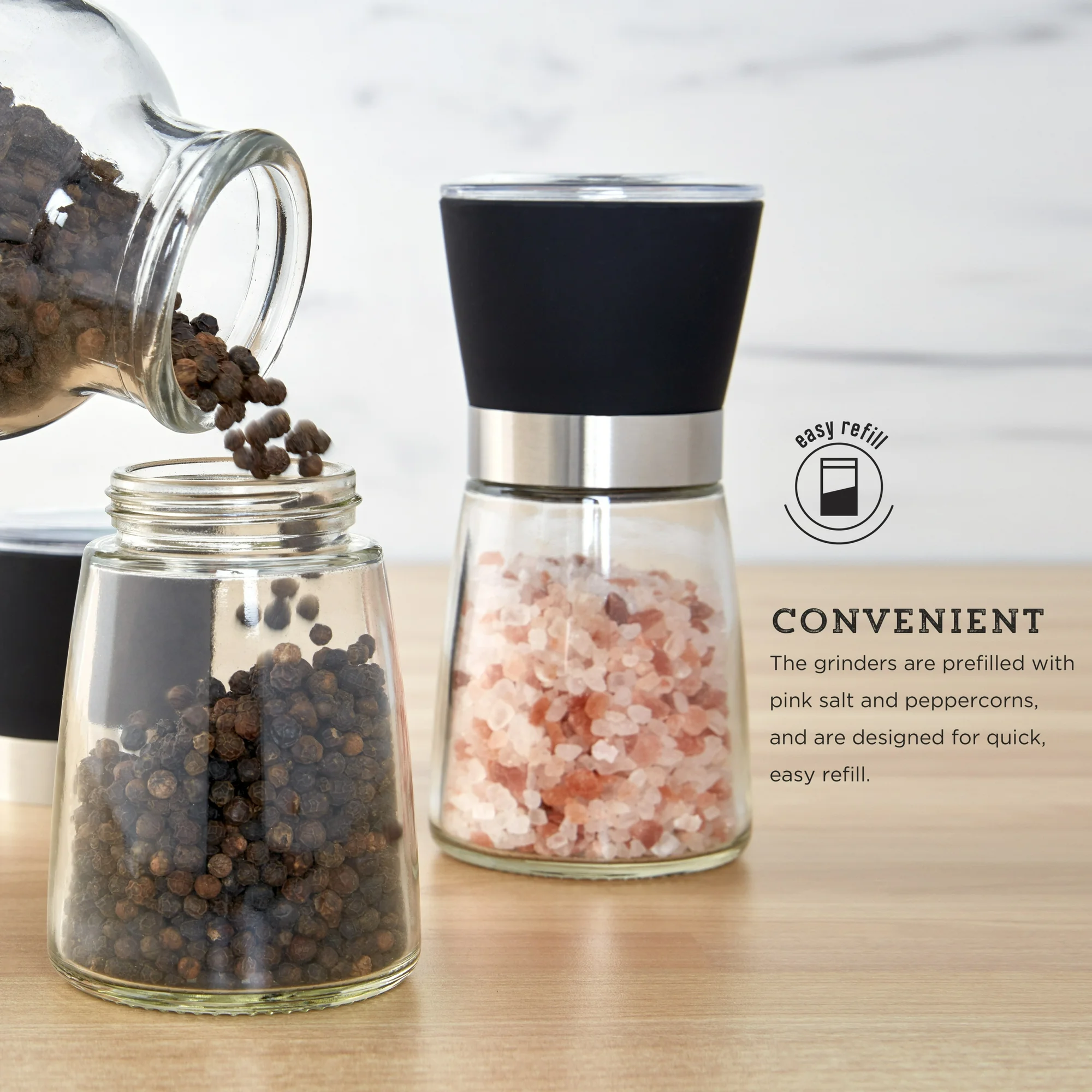 Kamenstein 5-inch Glass Prefilled Pink Himalayan Salt and Pepper Grinder Set of Two