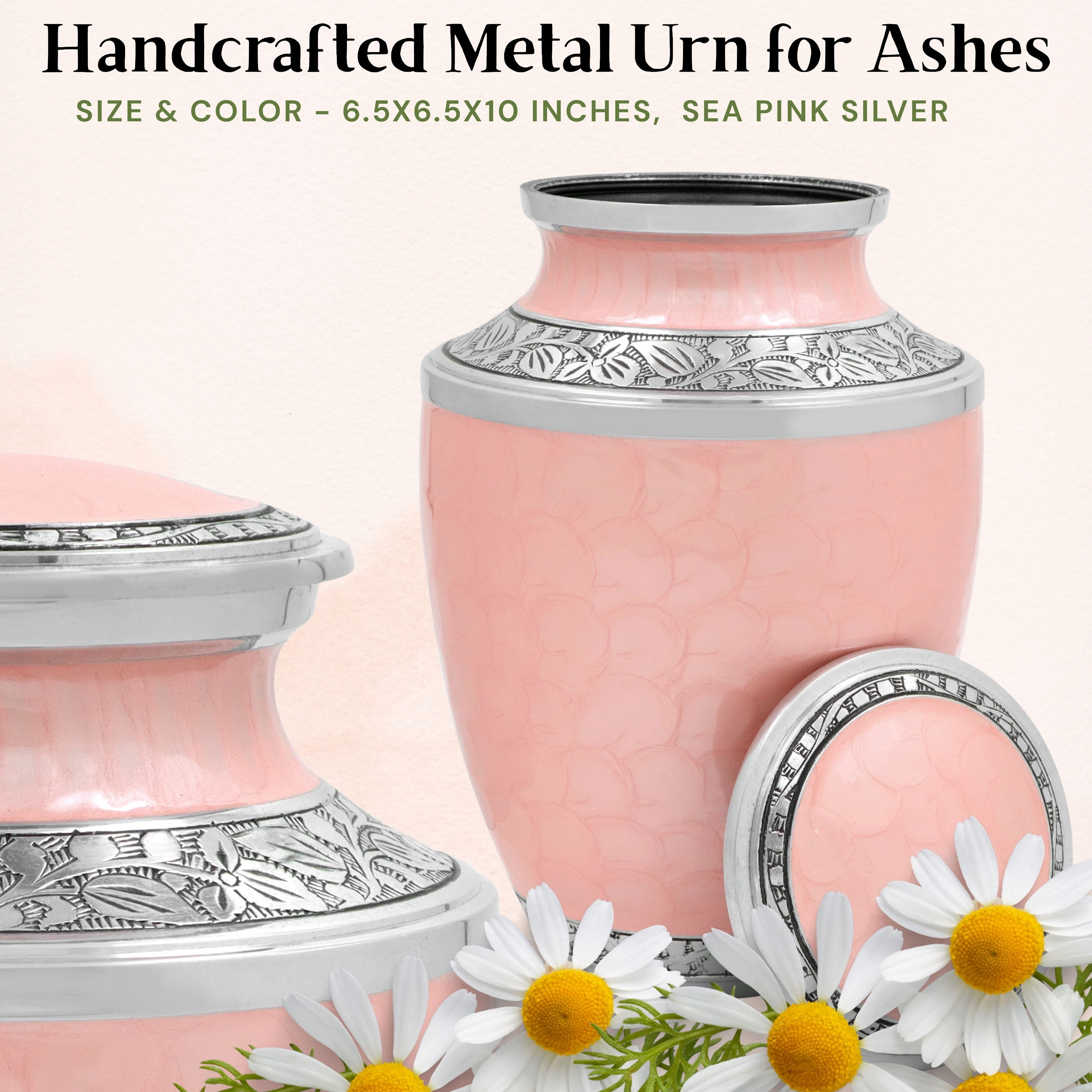 Aluminum Handcrafted Urn - Elegant Keepsake Holder for Adult Human Ashes (Powder Pink & Silver)