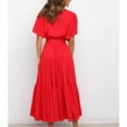 thumbnail image 6 of Summer Dresses with Drawstring Solid Color V Neck Flared Sleeve Tiered Ruched Dresses Casual Loose Midi Dresses for Women Red XL, 6 of 6