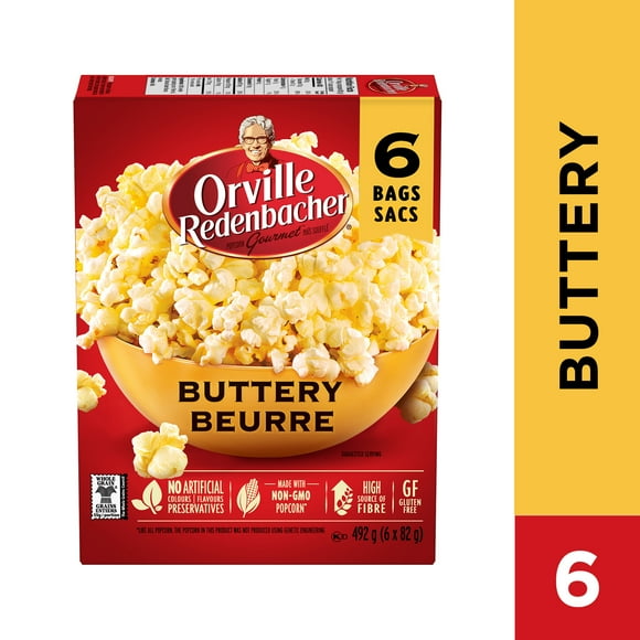 Orville Redenbacher Popcorn - Microwave Buttery (6 bags, 82g), Non-GMO, whole grain microwave popcorn with a high source of fibre and gluten free