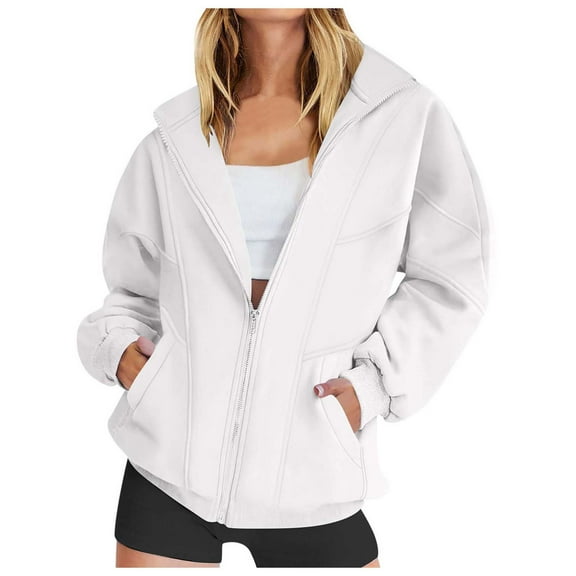 Fiaer,Zip up Jackets for Women,Womens Long Sleeve Loose Fit Plus Size Casual Trendy V Neck Lapel Collared Solid Spliced Sweatshirts with 2 Pockets White1 XL