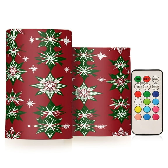 2 PCS Flameless Candles with Remote Timer LED Battery Operated Flickering Candle Light for Wedding Table Home Decoration Gifts Red and Green Snowflakes