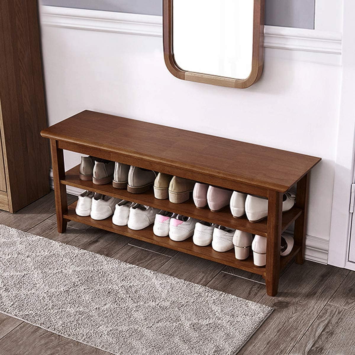 39.4" Shoe Rack Bench,3 Tier Wooden Storage Bench, Shoe Organizer or