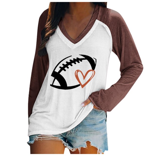 TSADFHJI Hauts pour Femmes, Chandails en Molleton Légers à Col Rond, Manches Longues, Imprimé Graphique de Football, T-Shirt Marron