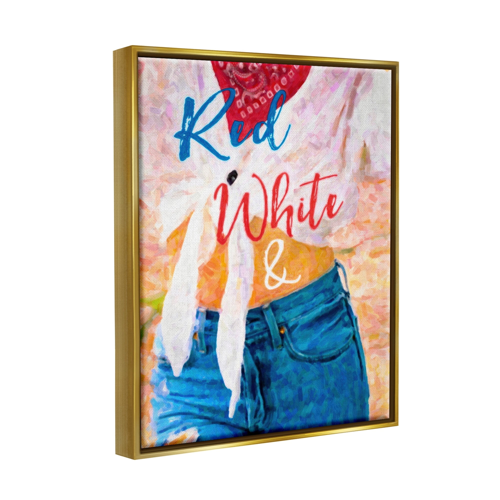 Stupell Industries Red White & Blue Patriotic American Celebration Graphic Art Metallic Gold Floating Framed Canvas Print Wall Art, Design by Graffitee Studios