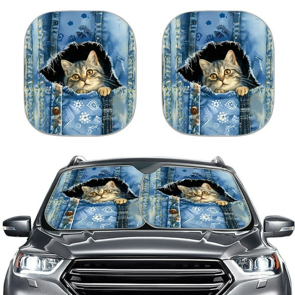 Yuyamidu 3D Cat Automotive Windshield Sunshades 2 PCS Cowboy Car Windshield Cover Accessories Adorable Car Sun Shade for Windshield for Sedan SUV Truck, Blue
